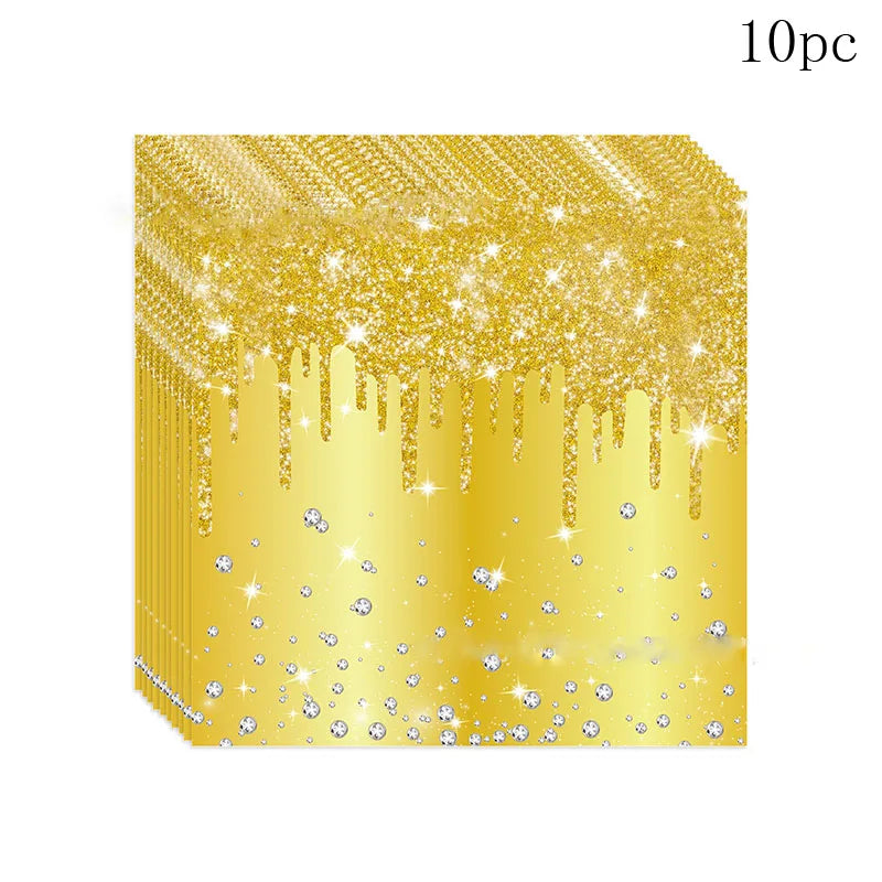 10Guests Gold Diamond Gilding Disposable Tableware Wedding Birthday Plates Napkins Happy Birthday Party Supplies