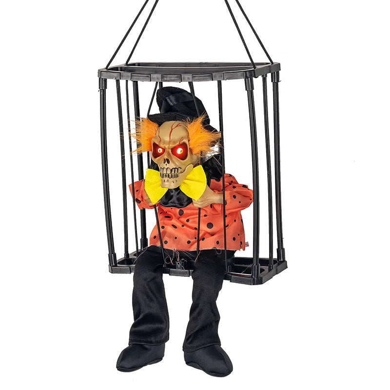 Halloween Decoration Prisoner Ghost In Cage Scary Skull Prop Electric Skeleton Toy Glowing Eye Sound Doll Hangable Talking Ghost