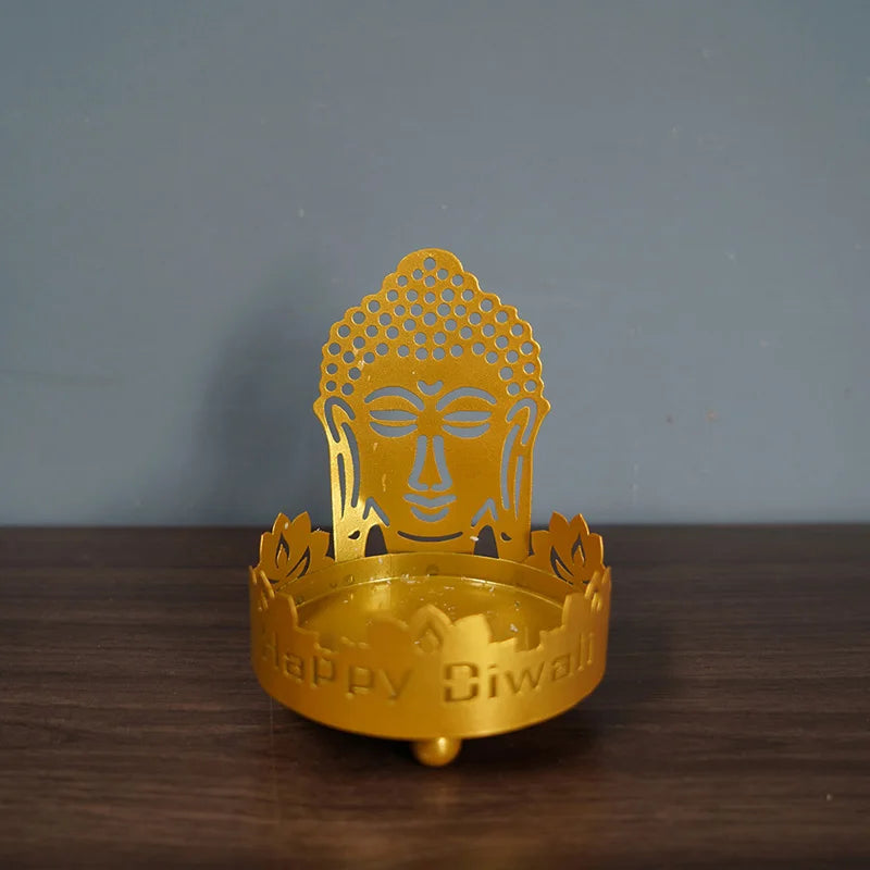 1Pc Art Metal Buddha Statue Candle Holder Crafts Home Decoration Hollow Shadow Diwali Festival Fortune Candle Lamp