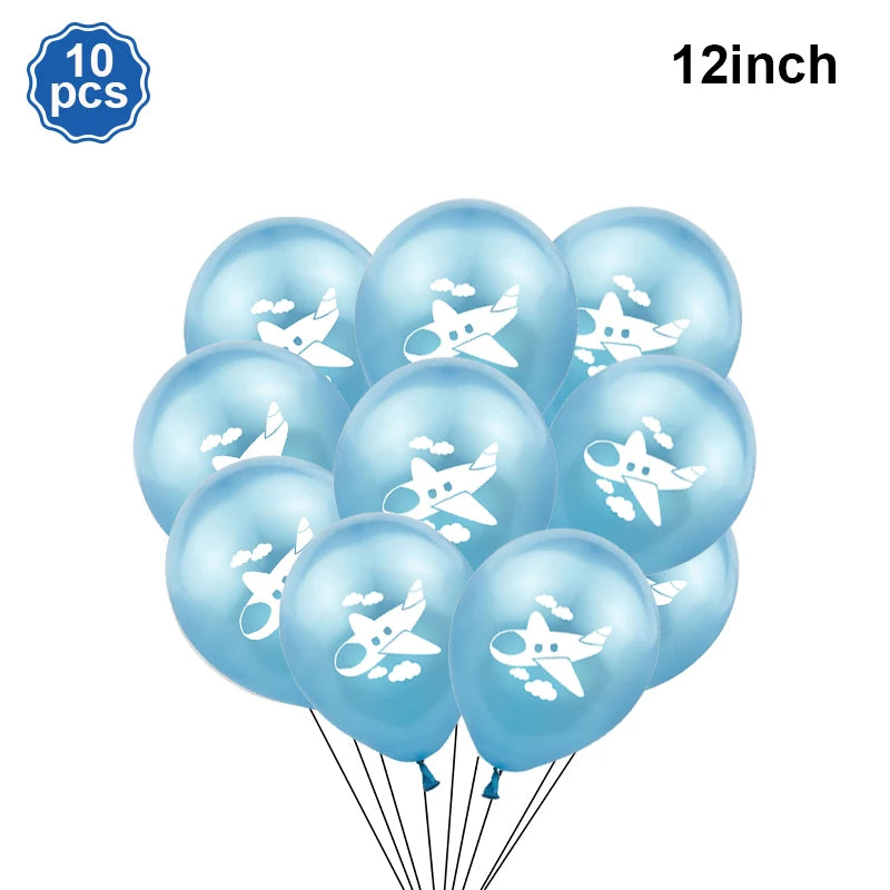Airplane Party Decoration 12Inch Blue White Latex Balloons Big Plane Foil Cloud Balloon Set for Kids Boys Aviator Theme Birthday