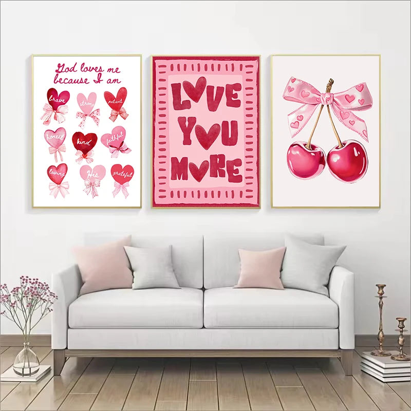 Retro Cute Pink Cherries Bow Heart Lollipop Love Valentine Illustration Poster Canvas Painting Wall Pictures Modern Home Decor