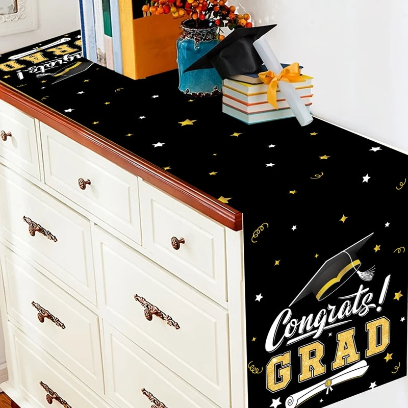 Graduation Table Runner Graduation Decorations 2025 Black Gold Polyester Graduation Table Cloth Prom Grad Party Table Decoration