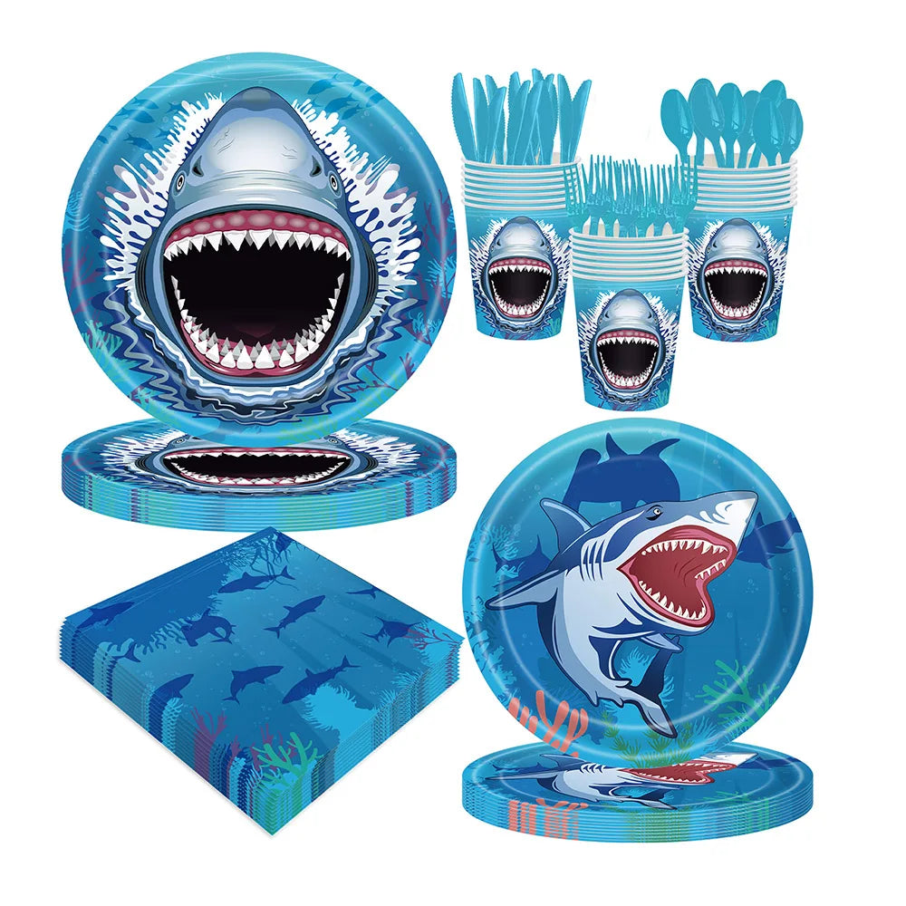 Shark Party Supplies Shark Birthday Tableware Shark Baby Shower Paper Cups Plates Napkins Ocean Shark Theme Party Decorations