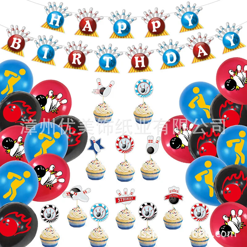 1set Bowling Themed Party Balloons Bowling Ball Birthday Banner Cake Topper For Baby Shower Boys Birthday Party Decor Supply