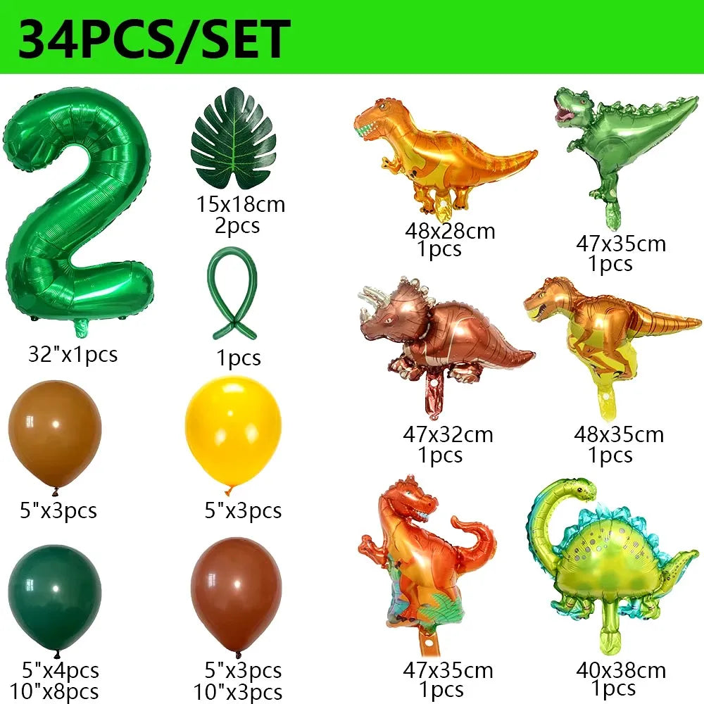 32 英寸 Number Dinosaur Birthday Party Dino Balloons Palm Leaf Set First Bthday Boy Party Kids Baby Shower Jungle Safari Deco