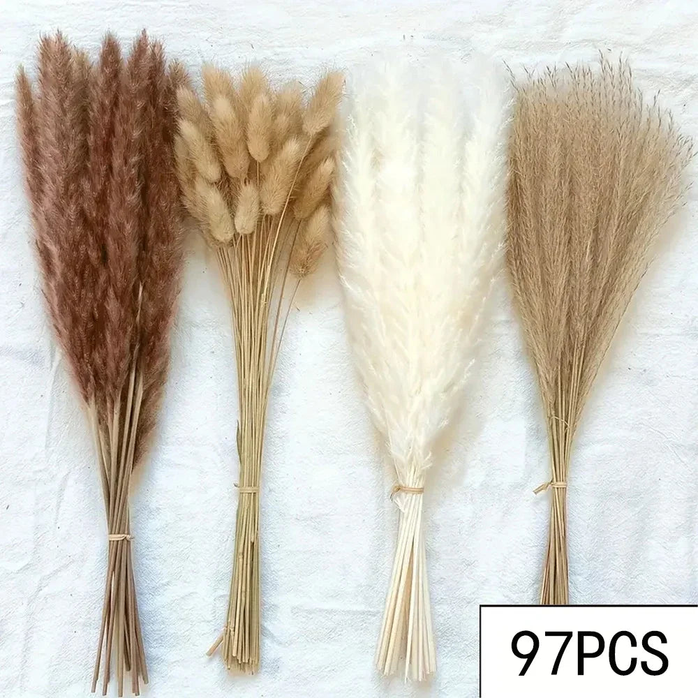 165PCS Pampas Grass Dried Flowers Boho Farmhouse Country Wedding Home Room Decor Bouquet Bunny Tail Grass DIY Artificial Flowers