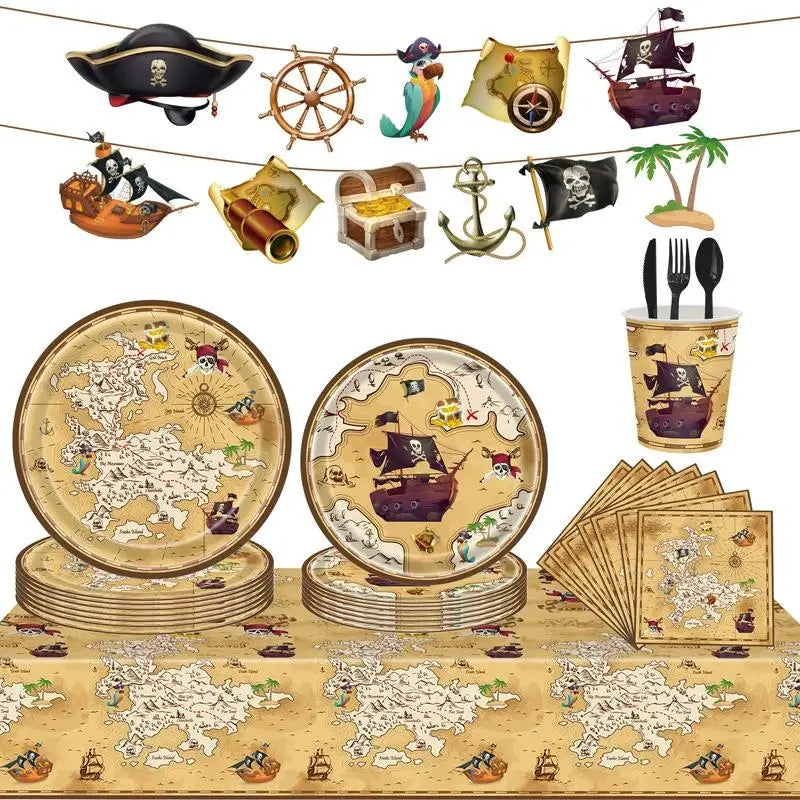 Pirate Birthday Party Decoration Balloon Tableware Tablecloth Backdrop Hanging Banner Cake Toppers For Kids Party Event Supplies