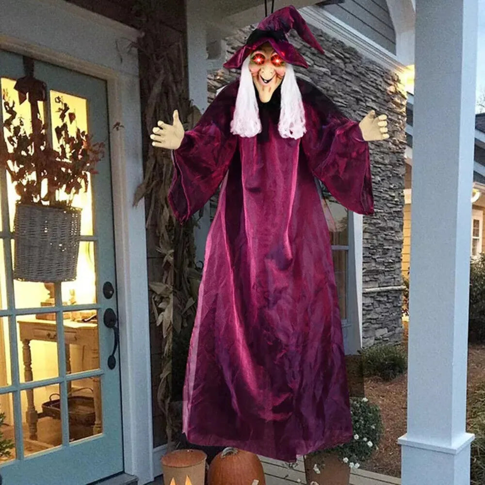 Halloween Life Size Talking Witch Outdoor Purple Spooky Animatronic Witch Decor Prop Halloween Decoration Red Eye Animated Witch