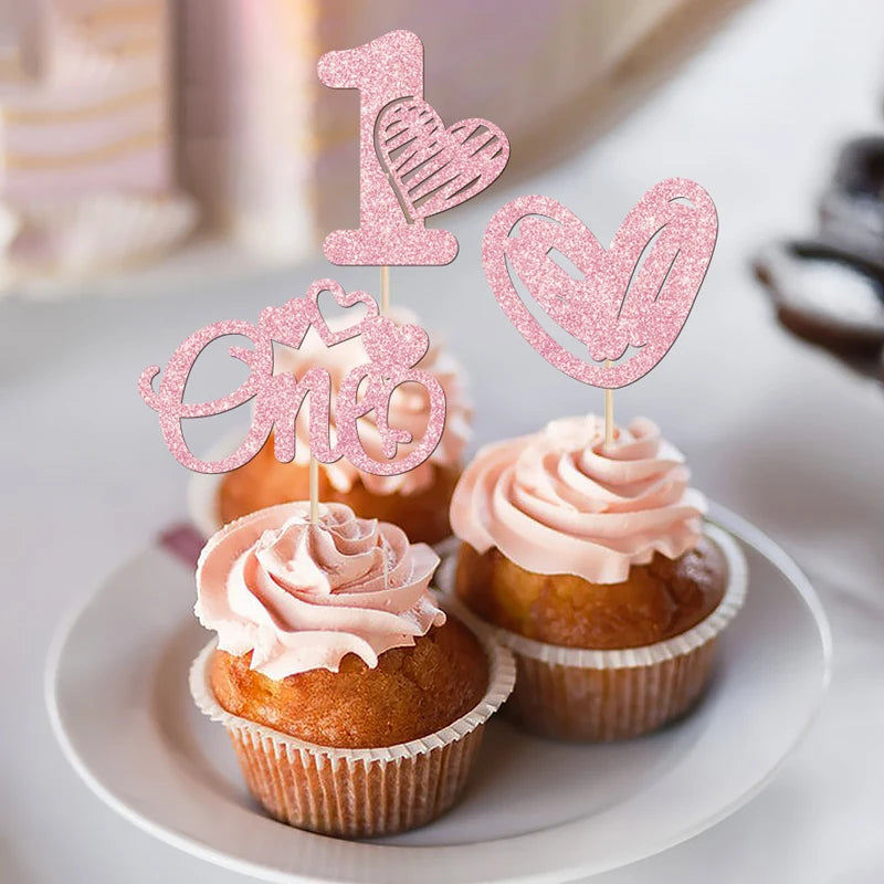 YOMDID 24Pcs Valentine's Day Cupcake Picks 1st Birthday Cupcake Toppers One Love Heart Picks Cake Decorations Party Supplies
