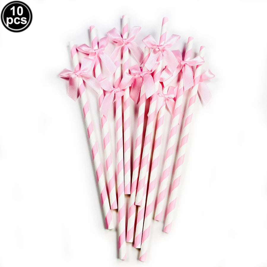 Bow Theme Party Supplies for Girl Pink Bow Cupcake Toppers Paper Drinking Straws Bridal Shower Bow Coquette Birthday Party Decor