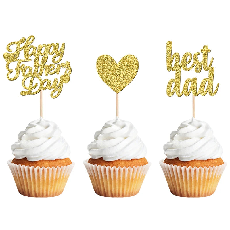 YOMDID 24Pcs Glitter Fathers Day Cake Toppers Happy Fathers Day Cake Toppers Best Dad Heart Cupcake Picks Party Cake Decor