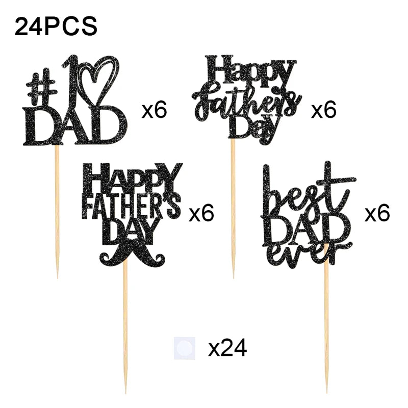 YOMDID 24Pcs Father's Day Cupcake Toppers Happy Cake Decorations Best Dad & Father's Day Cupcake Picks Cake Decorating Supplies