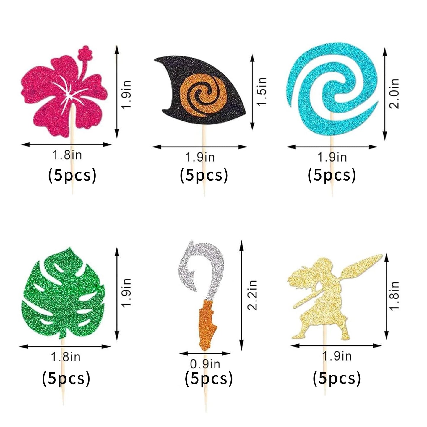 Moana Cake Topper Glittery Cupcake Toppers Hawaiian Birthday Party Decoration for Tropical Luau Summer Party Baby Shower Wedding
