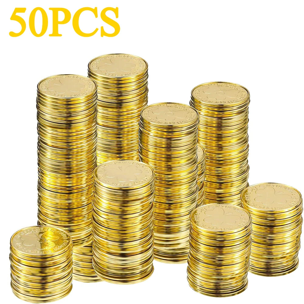 10-100Pcs St Patricks Day Prop Coins Green Gold Clover Lucky Shamrock Party Decoration Props Party Gifts Favors Green Coins Toys