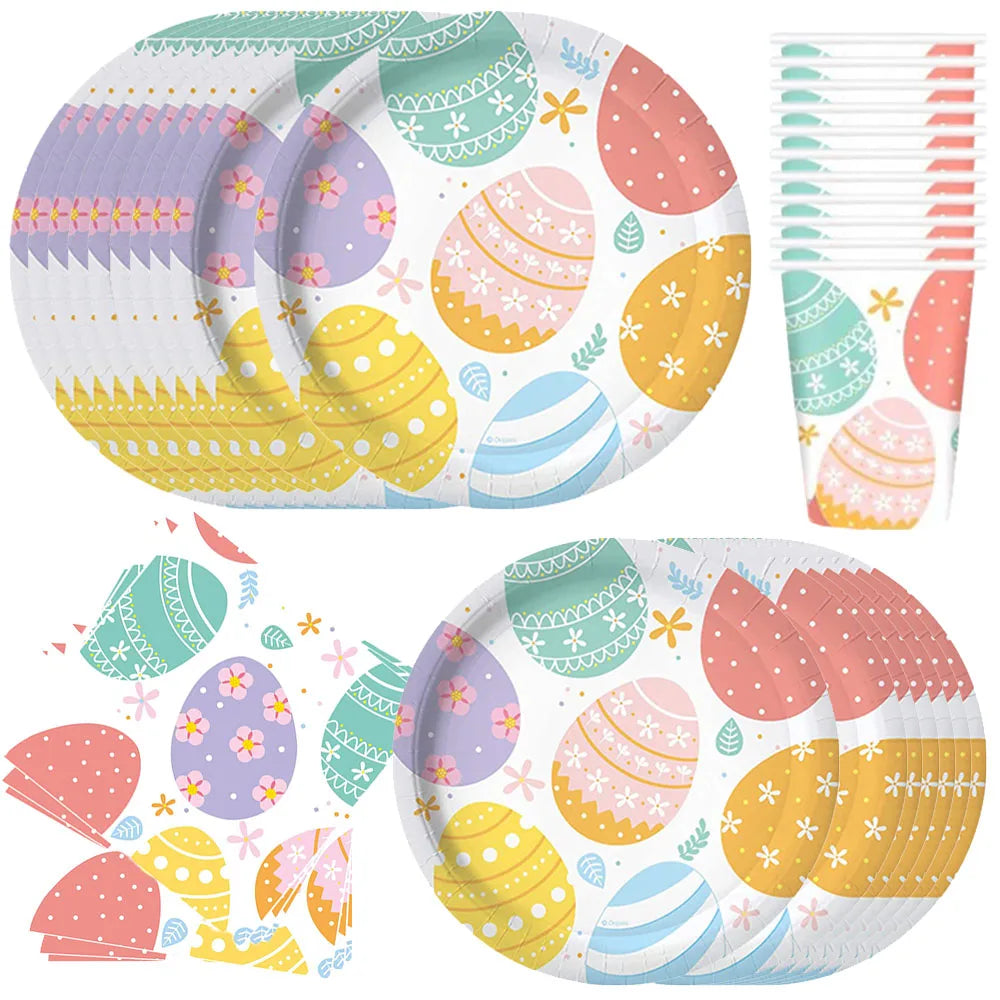 Easter Theme Disposable Tableware Easter Egg Pattern Paper Plates Cups Napkins Kids Happy Easter Party Decoration Supplies