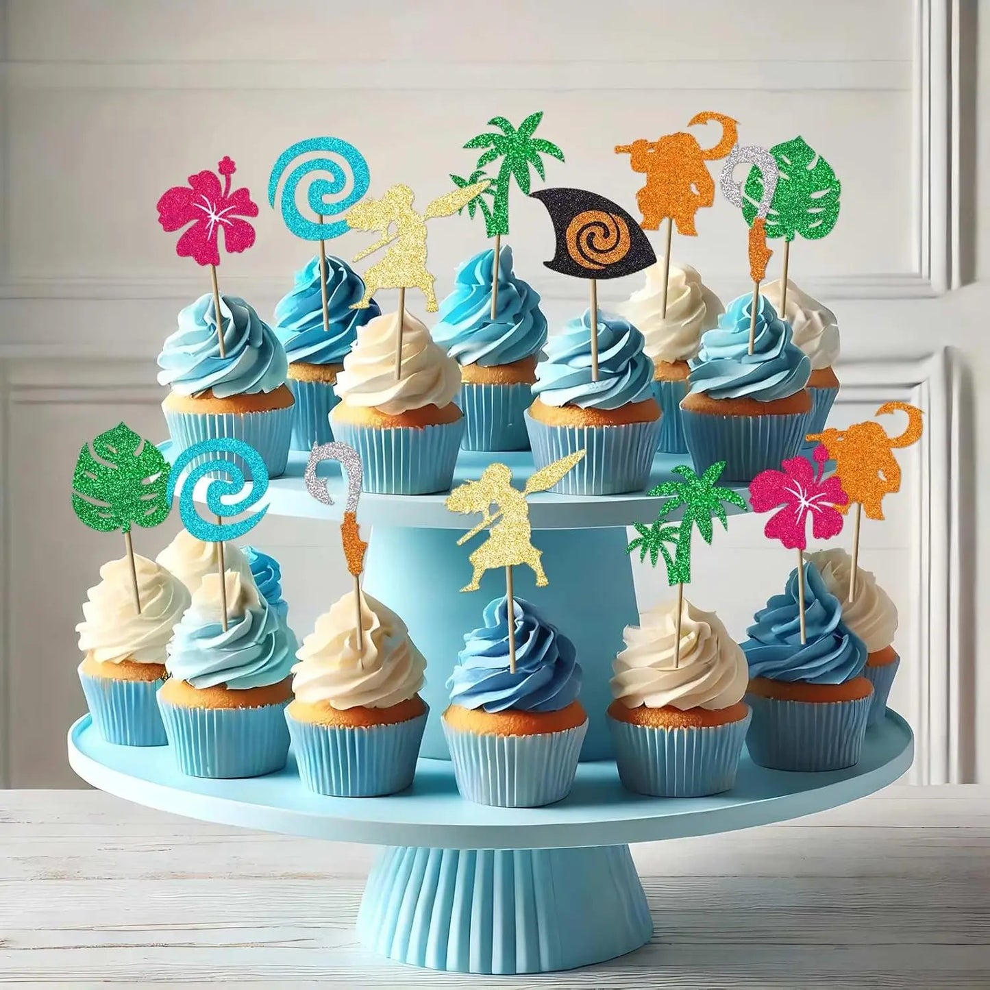 Moana Cake Topper Glittery Cupcake Toppers Hawaiian Birthday Party Decoration for Tropical Luau Summer Party Baby Shower Wedding