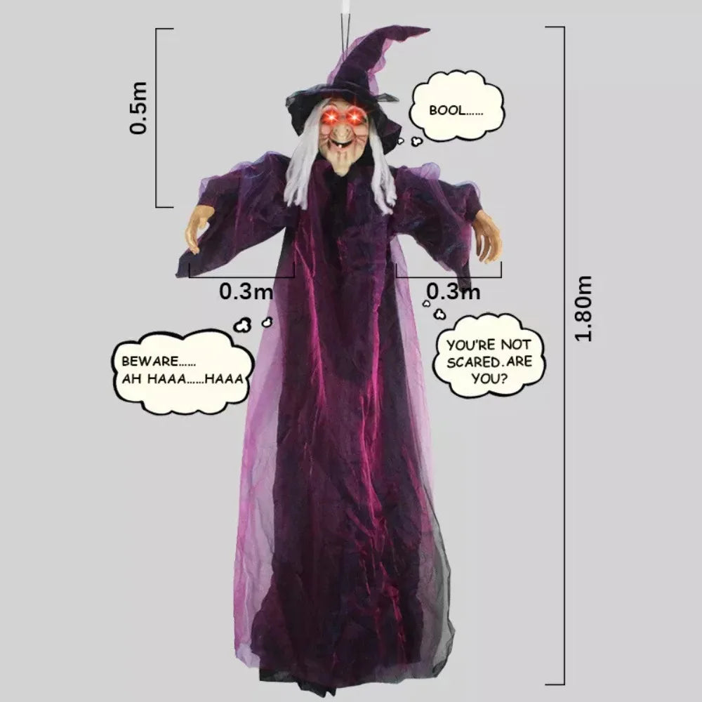 Halloween Life Size Talking Witch Outdoor Purple Spooky Animatronic Witch Decor Prop Halloween Decoration Red Eye Animated Witch