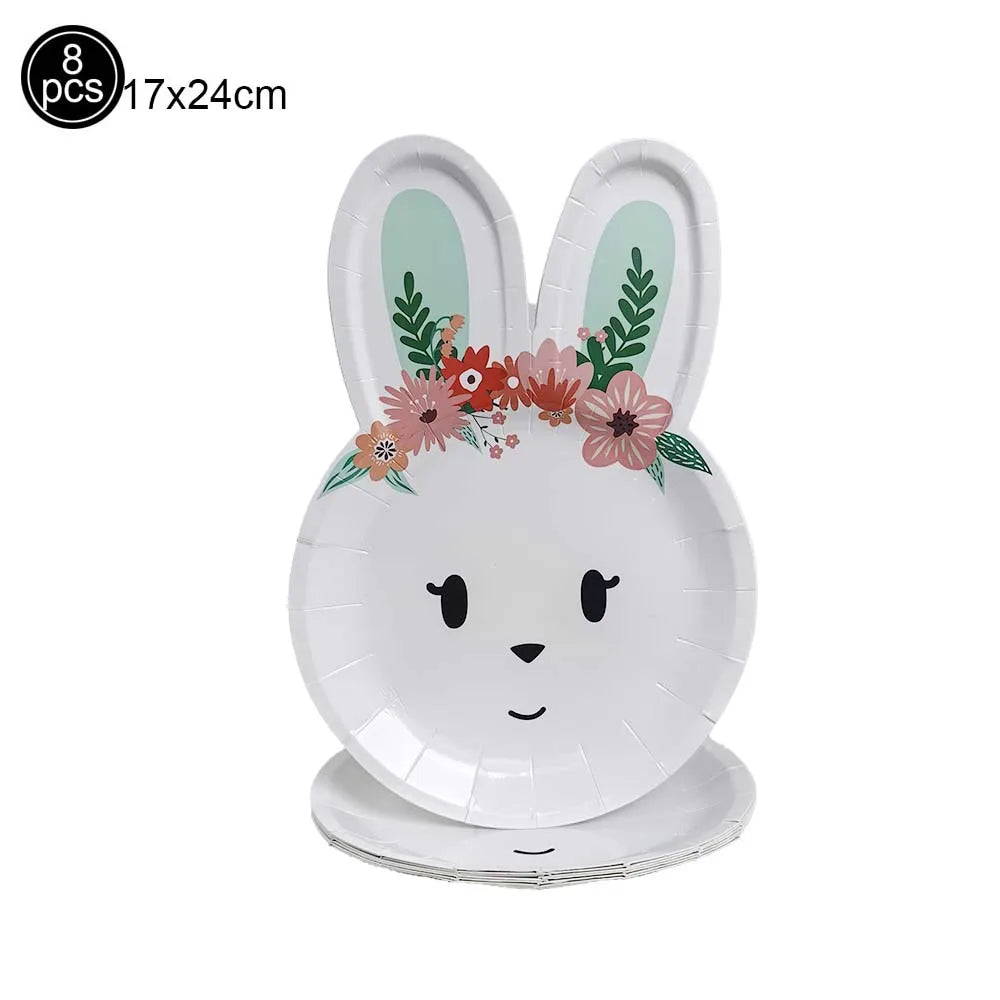 Easter Theme Disposable Tableware Cute Cartoon Bunny Rabbit Pattern Paper Plates Cups Napkins Kids Favor Easter Party Decoration