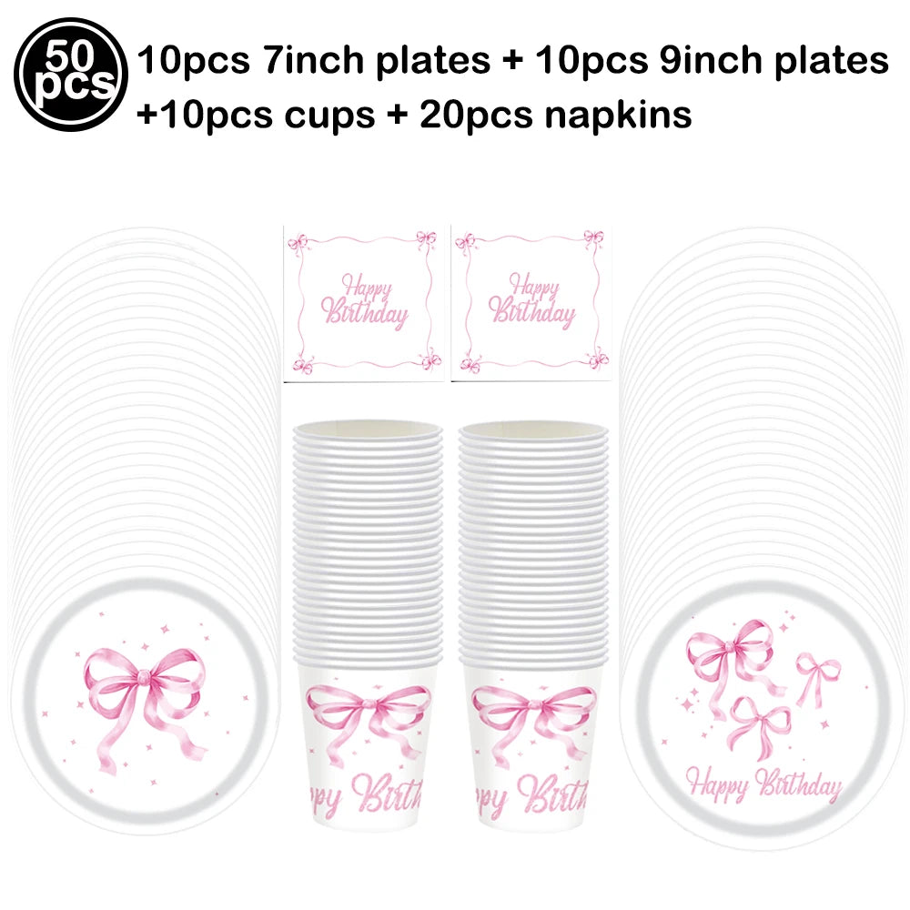 Bow Theme Party Supplies for Girl Pink Bow Cupcake Toppers Paper Drinking Straws Bridal Shower Bow Coquette Birthday Party Decor