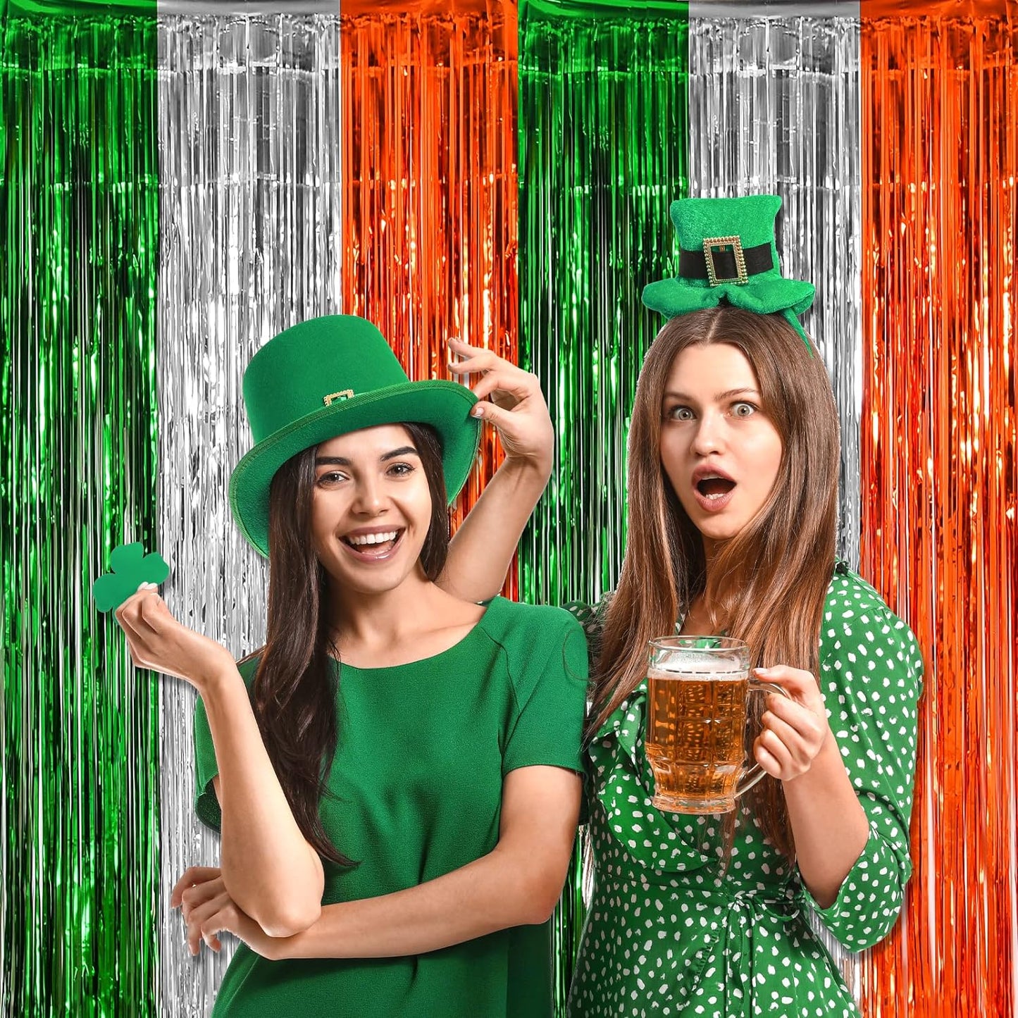 3 Pack St. Patrick's Day Foil Fringe Curtains Green White Orange Tinsel Fringe Photo Booth Prop Backdrop for Irish Party Decor