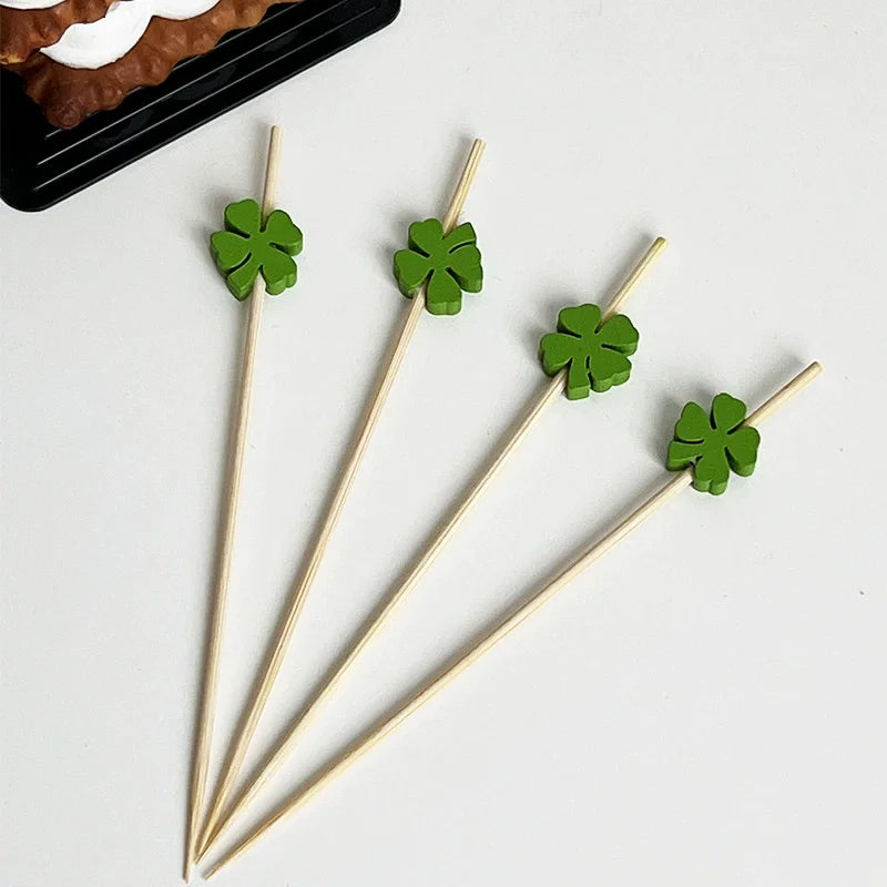 100Pcs Green Shamrock Cover Disposable Bamboo Food Picks St. Patrick's Day Theme Dessert Fruit Forks for Irish Saint Party Decor