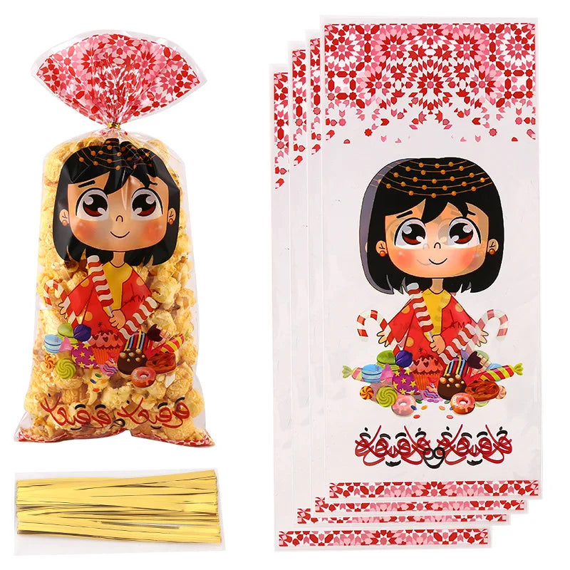 50pcs Eid Mubarak Gift Bags Plastic Cellophane Treat Bags Ramadan Decorations Clear Goodie Candy Bags for Hajj Mubarak Decor