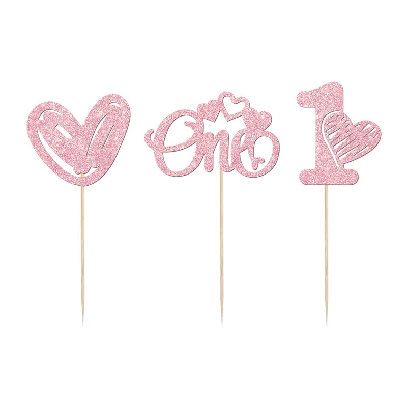 YOMDID 24Pcs Valentine's Day Cupcake Picks 1st Birthday Cupcake Toppers One Love Heart Picks Cake Decorations Party Supplies