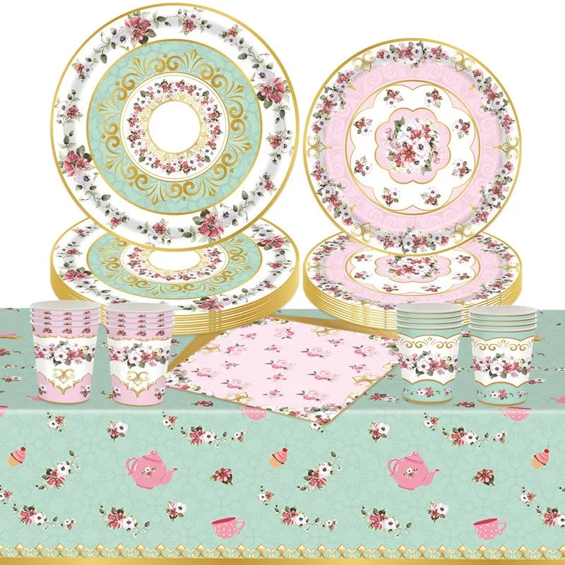 8Guests Elegant Tea Party Disposable Tableware Pink Green Floral Pattern Plates Napkins Women Happy Afternoon Tea Party