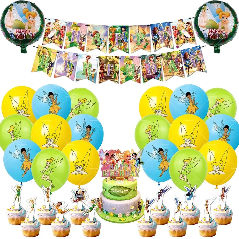 Tinker Bell Fairy Foil Balloons Pixie Latex Ballon Happy Birthday Banner Party Decorations Cake Toppers Cartoon Kids Girls Gift