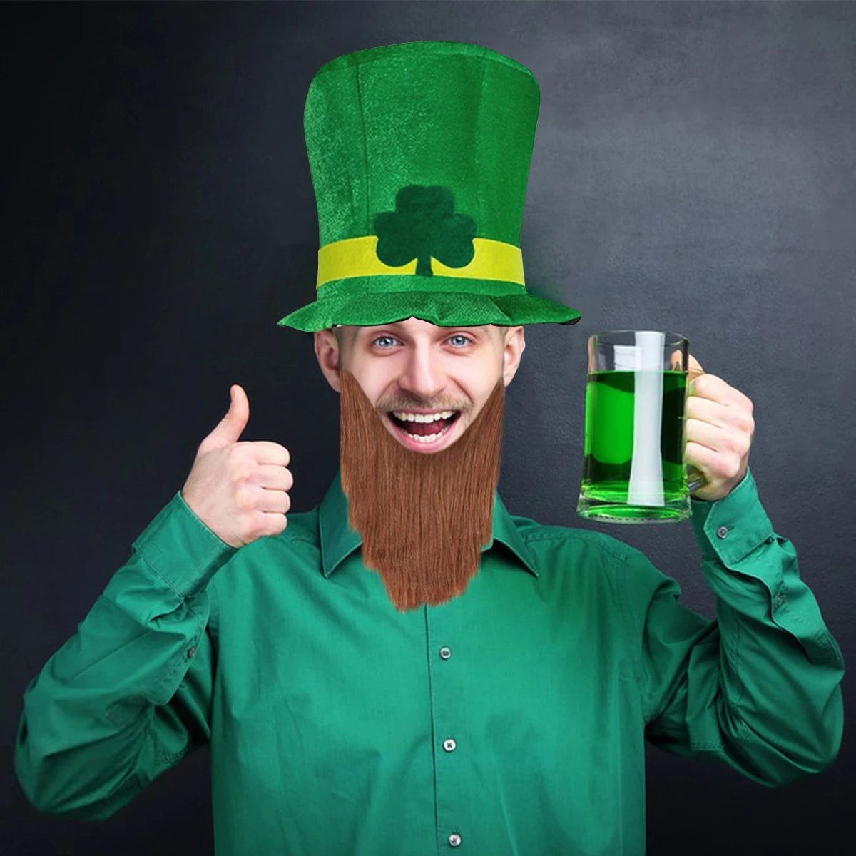 Saint Patricks Day Top Hat Holiday Fake Beard Green Celebration Costume for Irish Festival Birthday Party Decor Supplies
