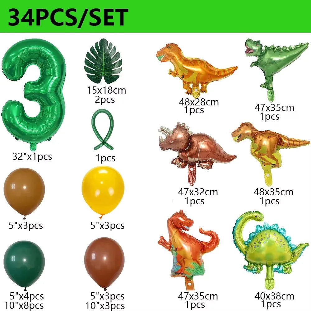 32 英寸 Number Dinosaur Birthday Party Dino Balloons Palm Leaf Set First Bthday Boy Party Kids Baby Shower Jungle Safari Deco