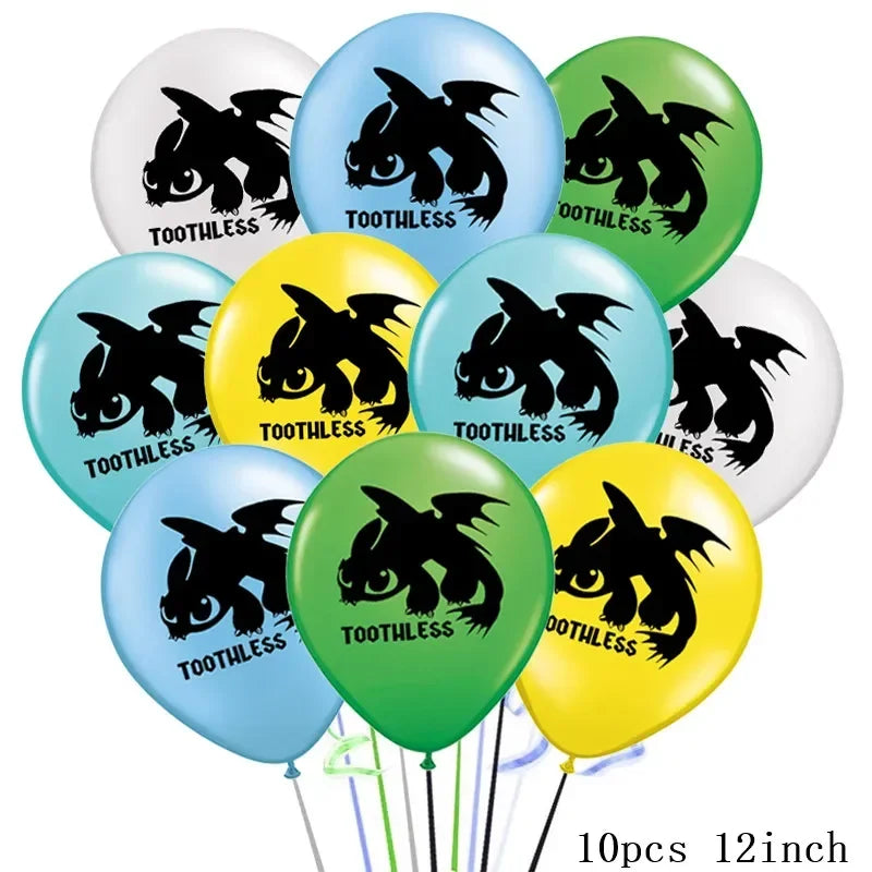 1set How Train Dragon Balloons No Teeth Toothlessing Green Eye Black Loong Party Decoration Happy Birthday Banner Cake Topper