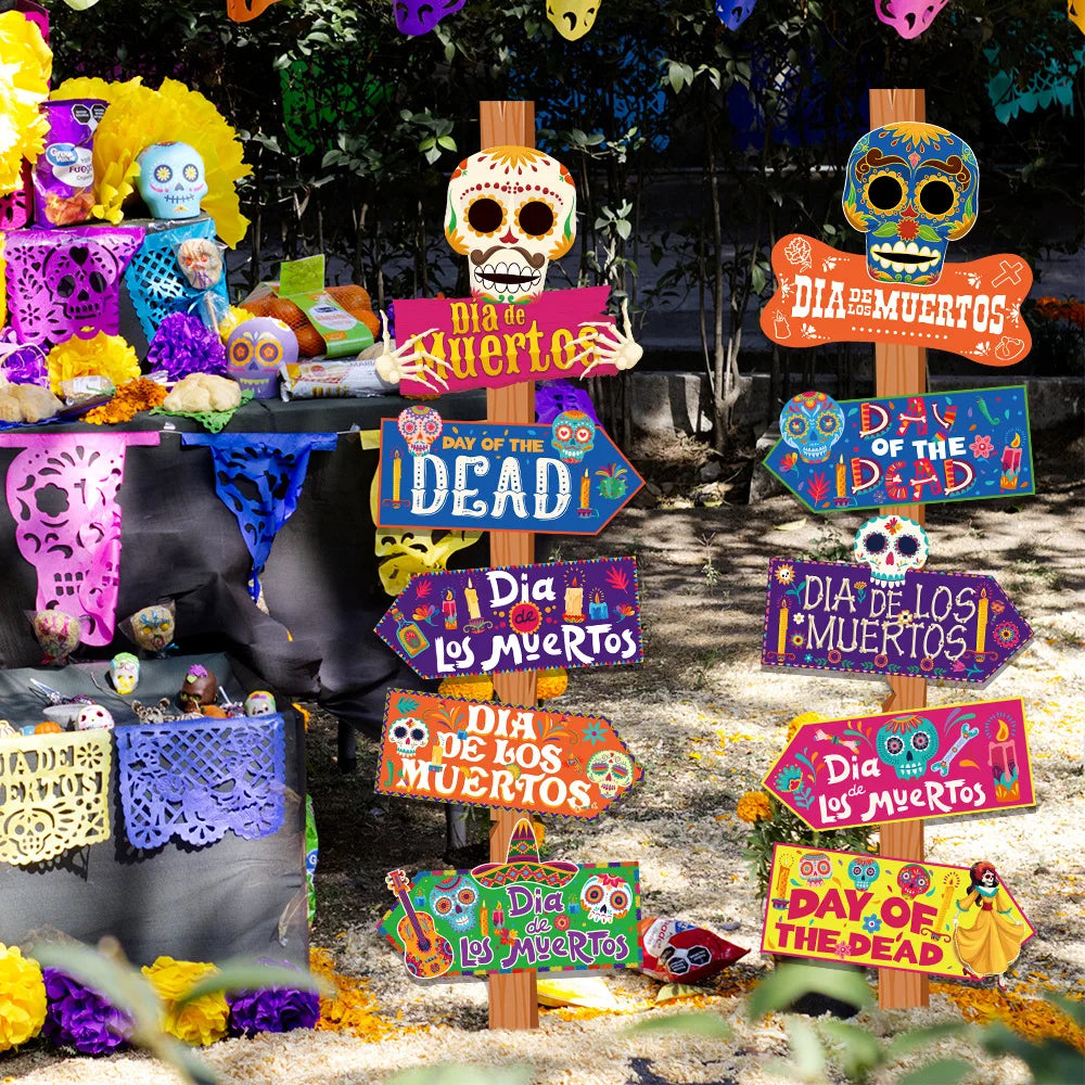 New Day of the Dead Party Skull Signs Lawn Stakes Paper Direction Signs Party Decorations
