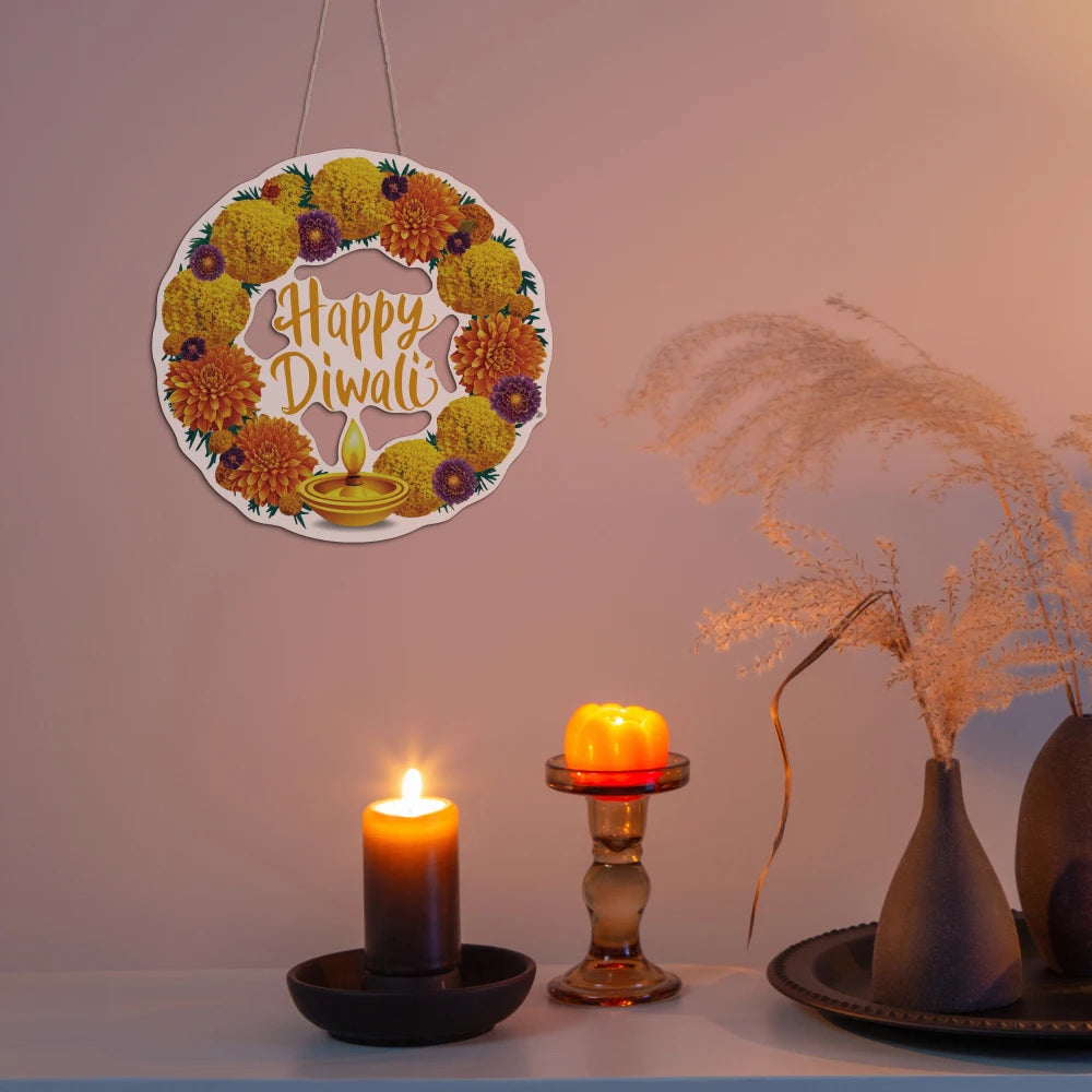 Putuo Decor 1pc Diwali Wood Hang Decoration, Wall Decor for Home Farmhouse Living Room Bedroom, The Hindu Festival Happy Diwali