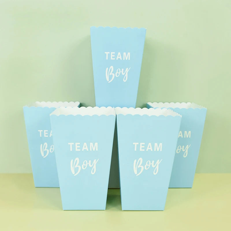 6pcs Gender Reveal Boy or Girl Popcorn Box Team Boy Girl Candy Treat Box Baby Shower Birthday Party Decor Packaging Supplies