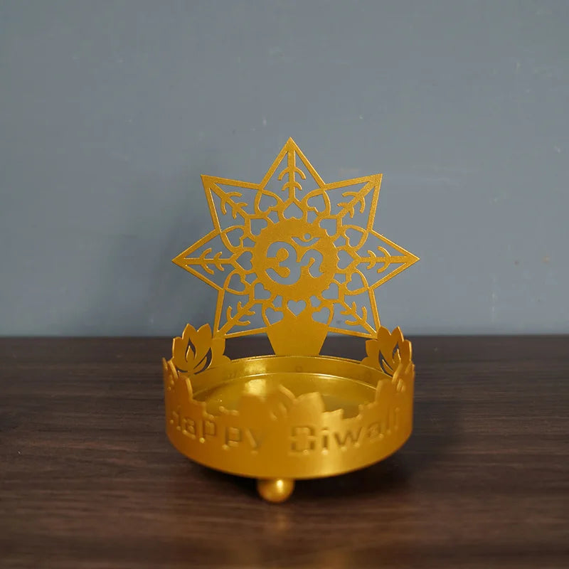 1Pc Art Metal Buddha Statue Candle Holder Crafts Home Decoration Hollow Shadow Diwali Festival Fortune Candle Lamp