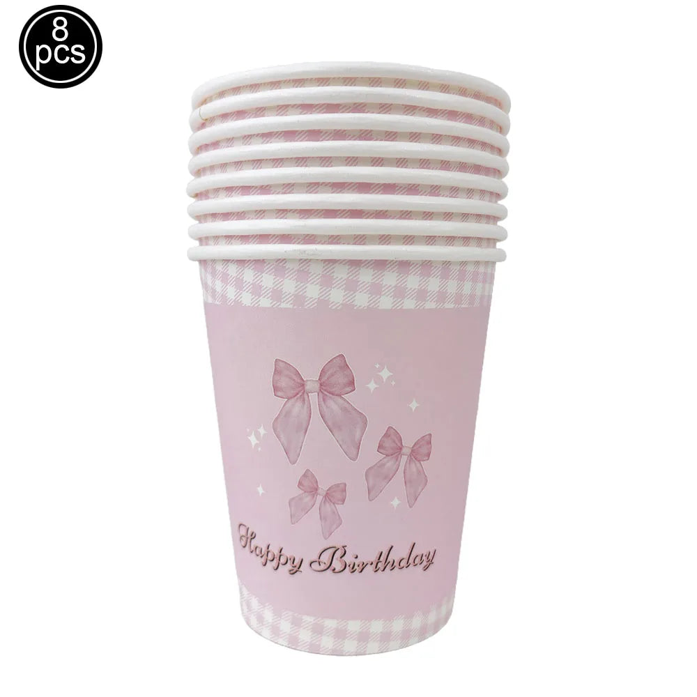 Pink Bow Plates Cups Napkins Forks for Coquette Birthday Decoration Pink Bow Theme Party Supplies for Girls Birthday Party Decor
