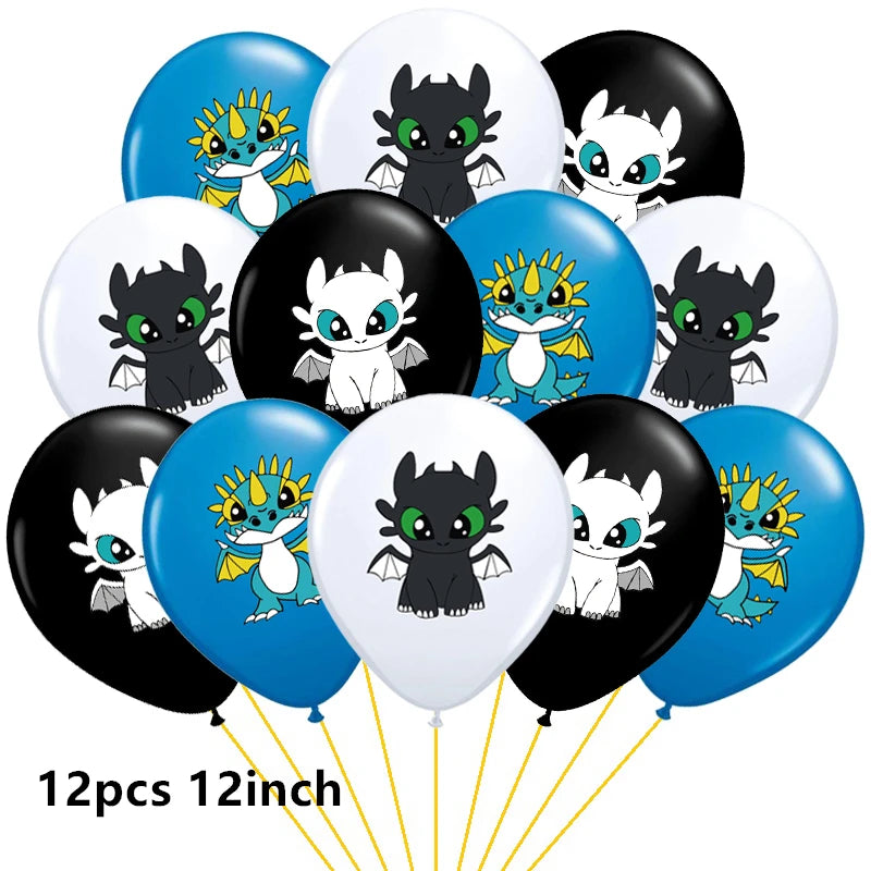1set How Train Dragon Balloons No Teeth Toothlessing Green Eye Black Loong Party Decoration Happy Birthday Banner Cake Topper