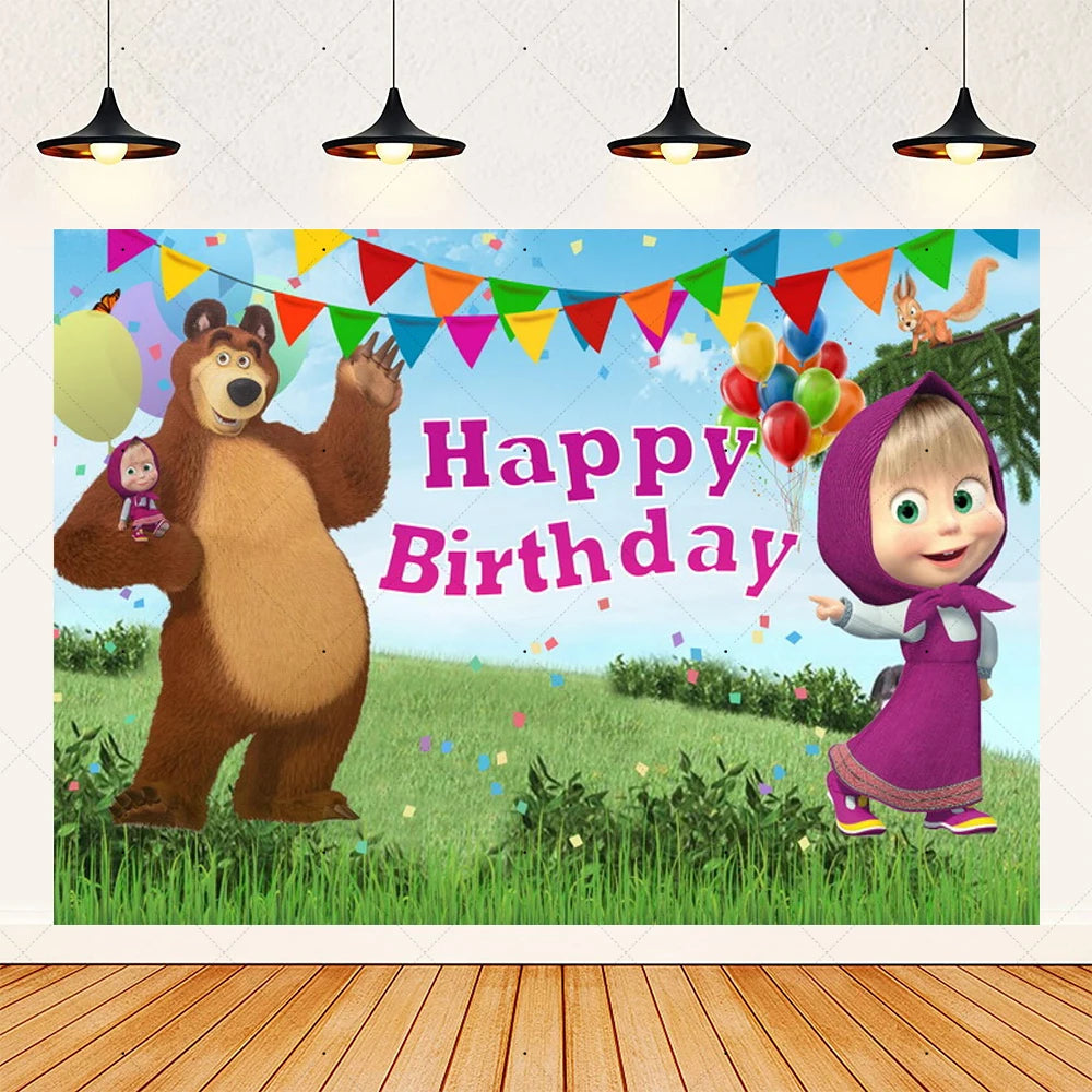 Cartoon Girl-Mashas-And Bear Kids Birthday Party Digital Balloon Banner Background Cake Topper Decoration Supplies Baby Gifts