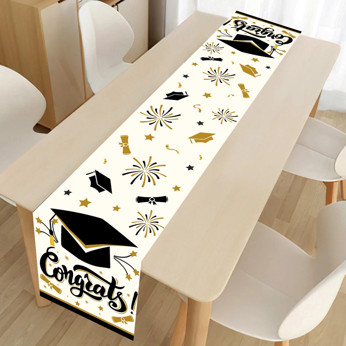Graduation Table Runner Graduation Decorations 2025 Black Gold Polyester Graduation Table Cloth Prom Grad Party Table Decoration