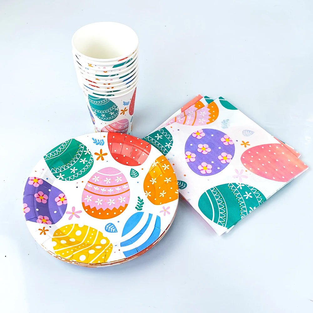Easter Theme Disposable Tableware Easter Egg Pattern Paper Plates Cups Napkins Kids Happy Easter Party Decoration Supplies