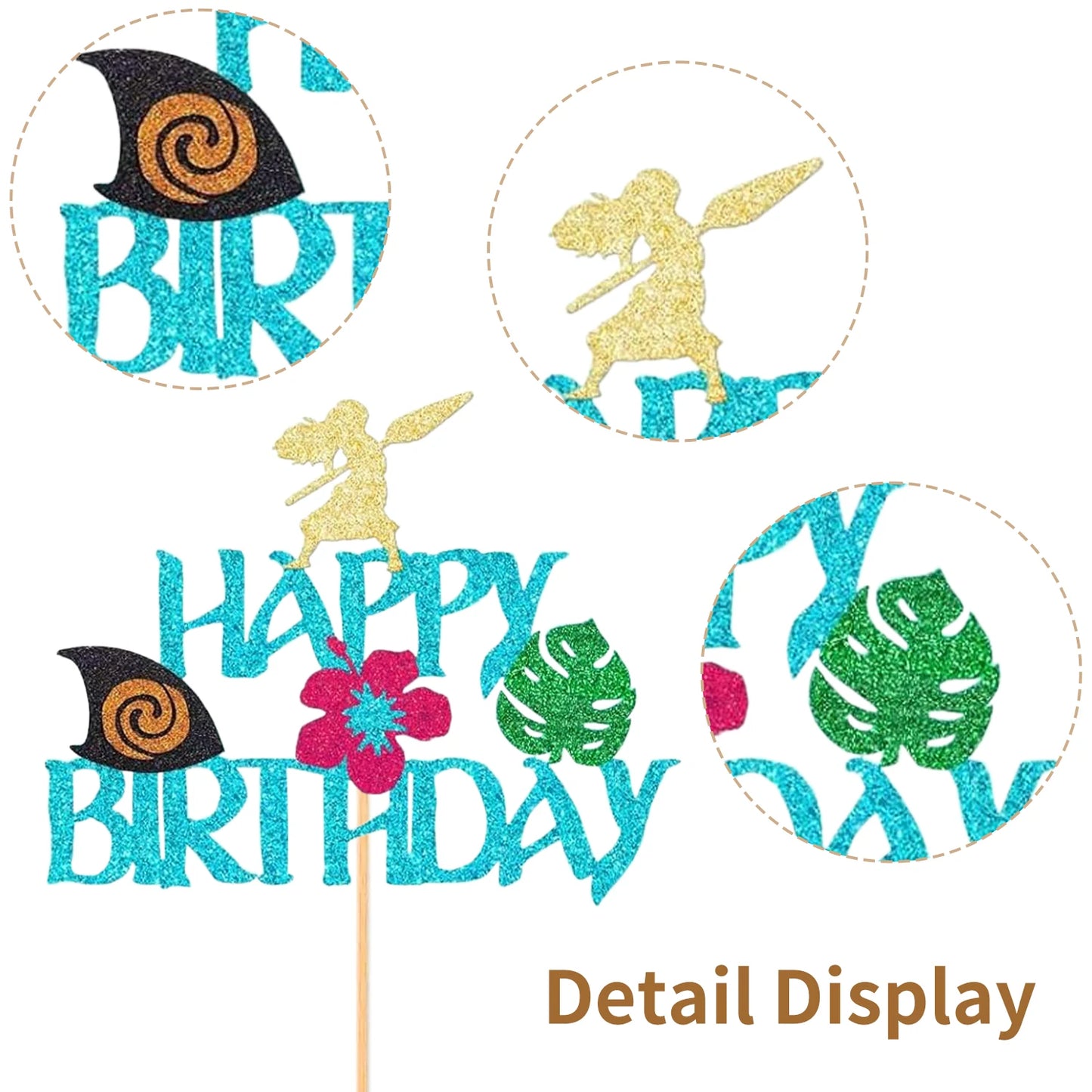 Moana Cake Topper Glittery Cupcake Toppers Hawaiian Birthday Party Decoration for Tropical Luau Summer Party Baby Shower Wedding