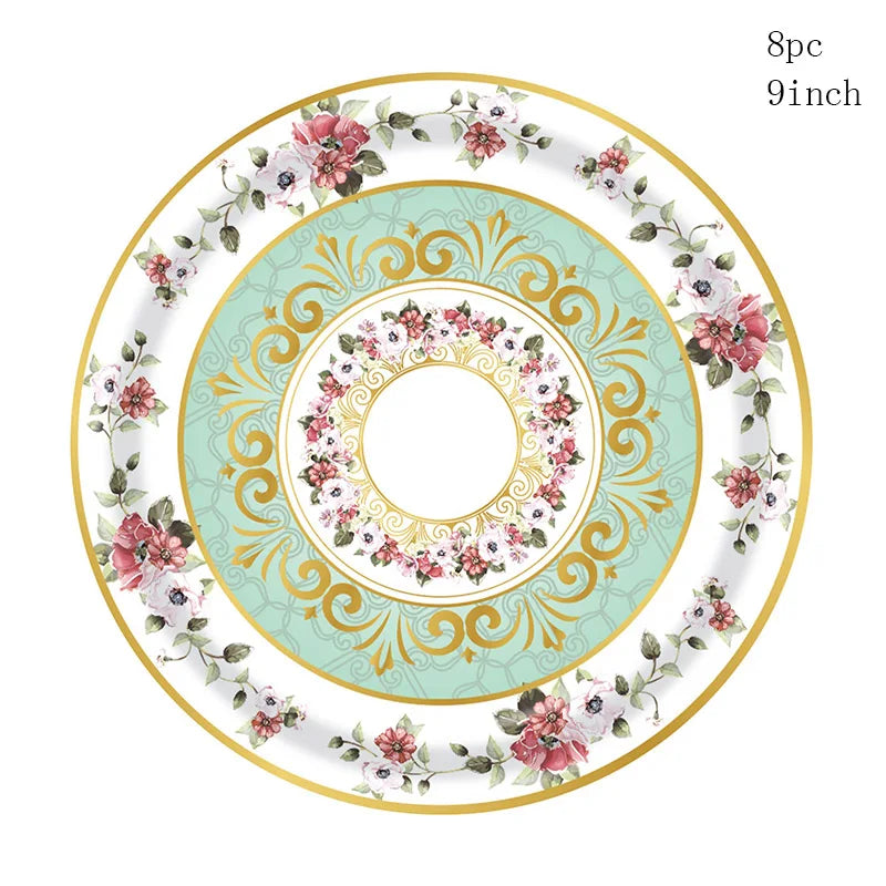 8Guests Elegant Tea Party Disposable Tableware Pink Green Floral Pattern Plates Napkins Women Happy Afternoon Tea Party