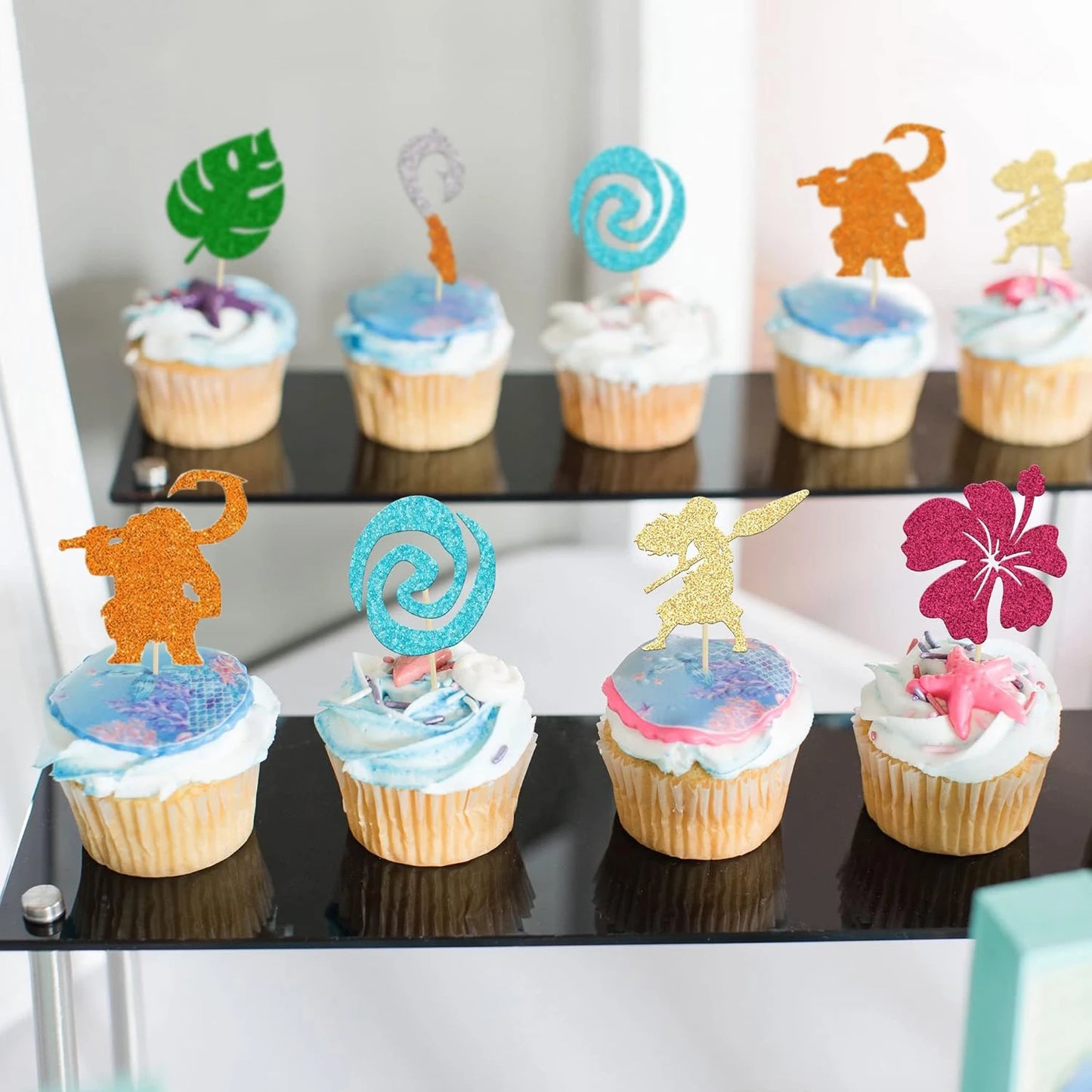 Moana Cake Topper Glittery Cupcake Toppers Hawaiian Birthday Party Decoration for Tropical Luau Summer Party Baby Shower Wedding