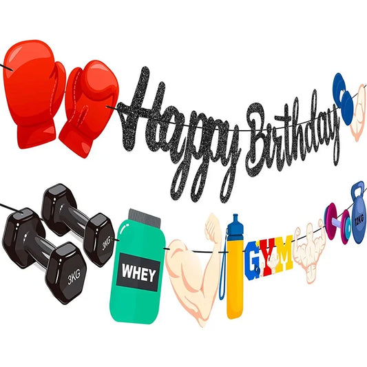 1 Set Fitness Gym Theme Happy Birthday Banner Gymnasium Wall Hanging Garland for Girl Boy Sports Birthday Party Decorations