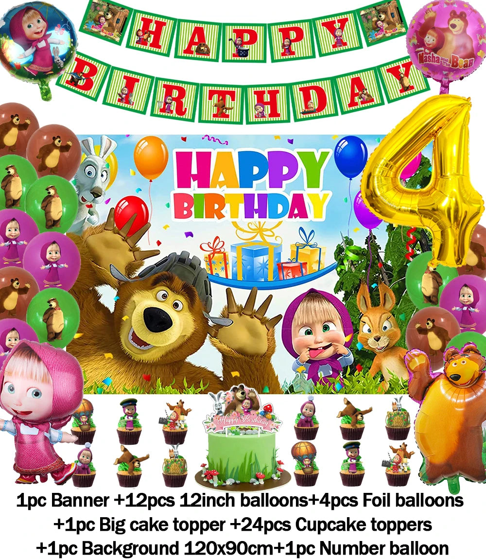 Cartoon Girl-Mashas-And Bear Kids Birthday Party Digital Balloon Banner Background Cake Topper Decoration Supplies Baby Gifts