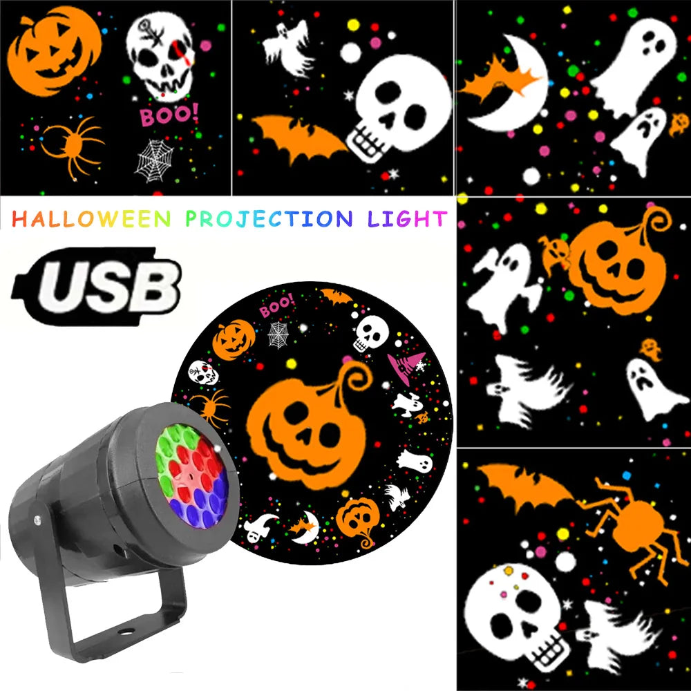 USB Power Halloween Decoration Projector Light Pumpkin Spider Bat Dynamic Pattens Projector Night Light for Bedroom Room Party