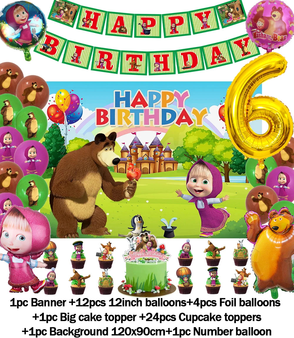 Cartoon Girl-Mashas-And Bear Kids Birthday Party Digital Balloon Banner Background Cake Topper Decoration Supplies Baby Gifts