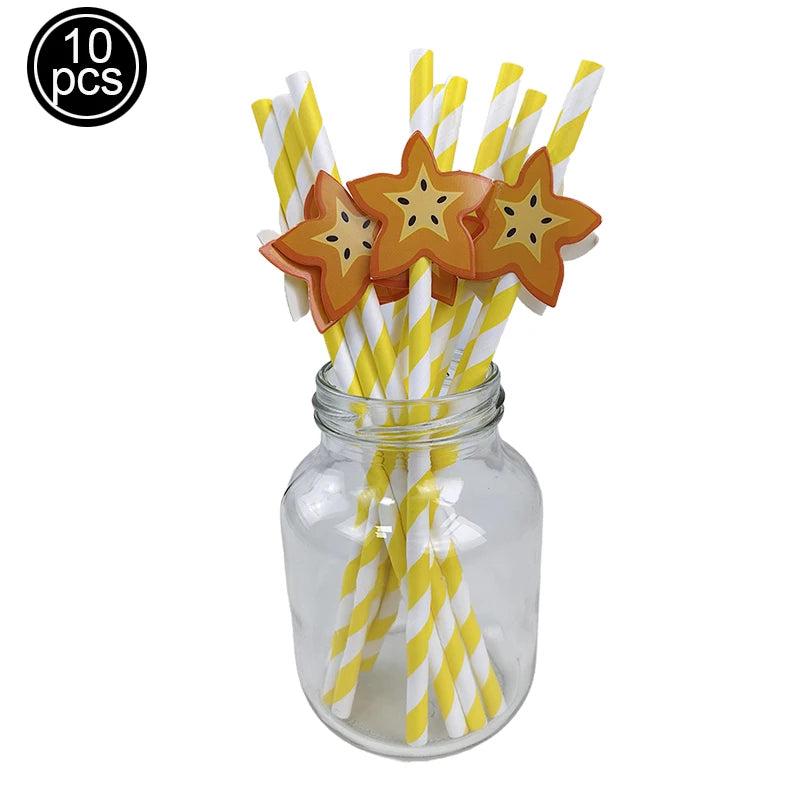 10pcs Flamingo Pineapple Paper Straws Disposable Tropical Fruit Straws Summer Striped Drinking Straws Luau Hawaiian Beach Party