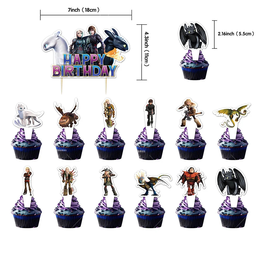 1set How Train Dragon Balloons No Teeth Toothlessing Green Eye Black Loong Party Decoration Happy Birthday Banner Cake Topper